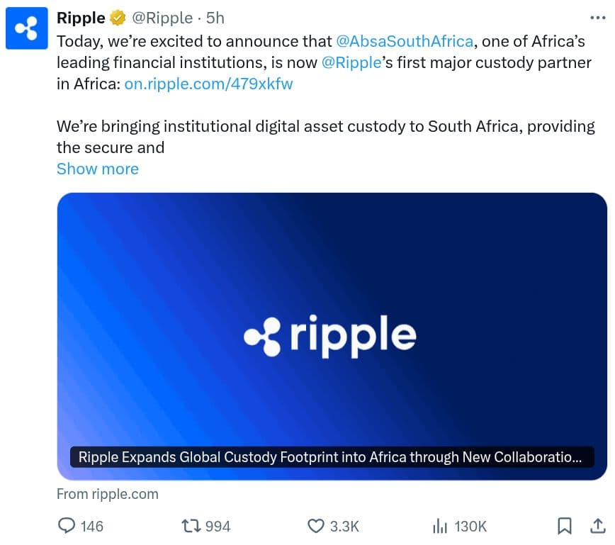 Ripple teams with Absa to launch digital asset custody in Africa