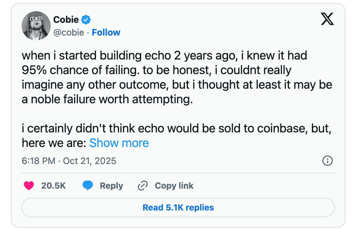 Coinbase buys Echo: the 13-year rise of Cobie from $200 to millions